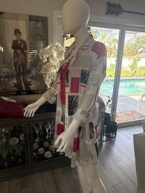 Aïkha Newspaper Print Fuchsia and White Button Down Tunic Blouse